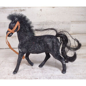 Vintage SC Black Flocked Soft Fur Mane Horse Toy with Reins and Label 4 1/4"